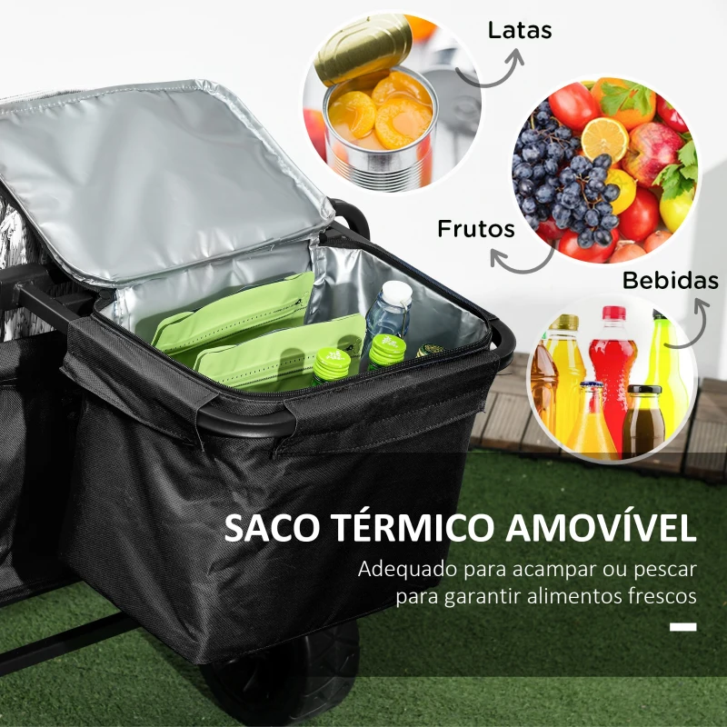Outsunny Carrinho de Transporte Dobrável com Bolsa Térmica Removível Capacidade 100 kg para Campismo Praia 113x57x77-100 cm Preto