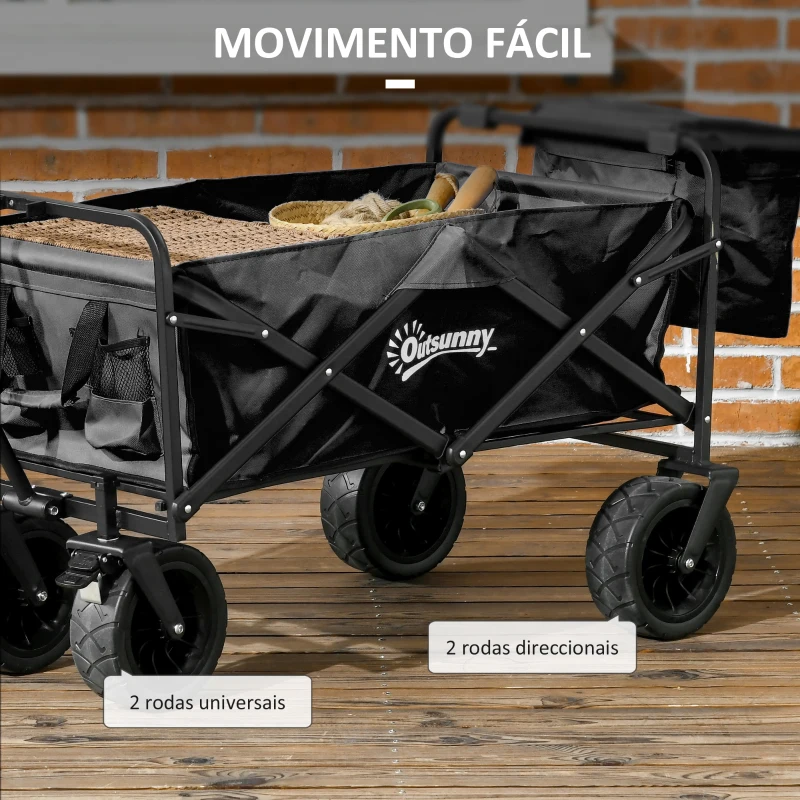 Outsunny Carrinho de Transporte Dobrável com Bolsa Térmica Removível Capacidade 100 kg para Campismo Praia 113x57x77-100 cm Preto
