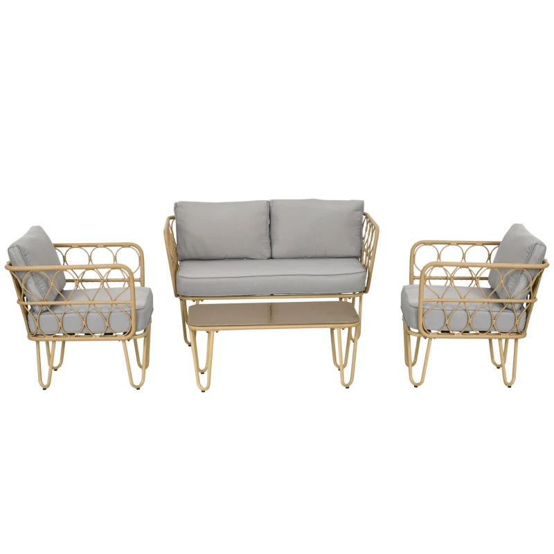 Outsunny Conjunto de Jardim de 4 Peças em Vime Sintético com 2 Poltronas 1 Sofá de 2 Lugares 1 Mesa e Almofadas Natural e Cinza