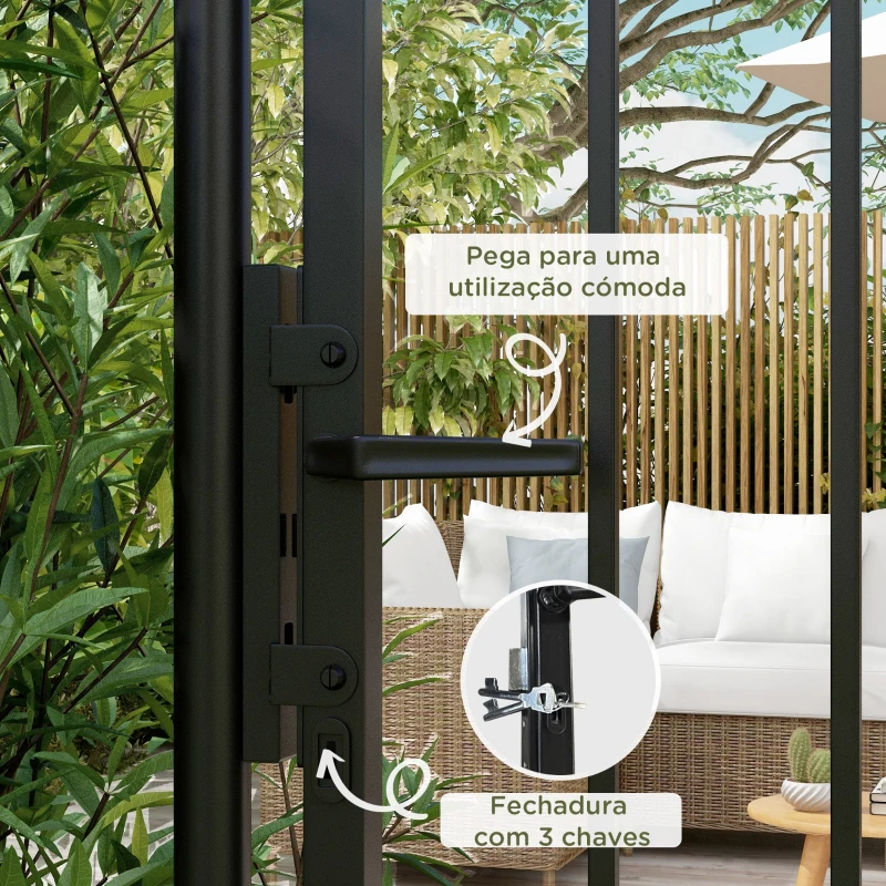 Outsunny Porta para Vedação de Jardim de Aço com Decoração de Setas Fechadura e Chaves Porta para Exterior Pátio 107x204 cm Preto