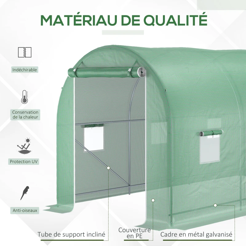 Outsunny Serre de Jardin Tunnel Surface Sol 8 m² 4L x 2l x 2,05H m châssis Tubulaire renforcé Porte zippée 6 fenêtres enroulables Vert
