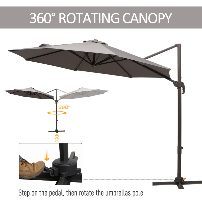 Outsunny 3m Cantilever Parasol, Rotates 360 Degrees, Hanging Parasol w/Hand Crank Aluminium Frame, Cross Base Included, Grey