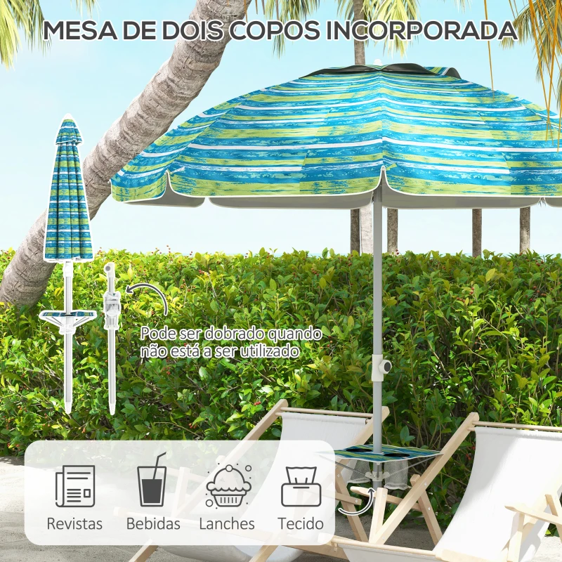 Outsunny Chapéu de Sol de Praia Ø190x215 cm com Inclinação de 45° e Altura Ajustável Mesa com Porta-Copos Impermeável Multicolor
