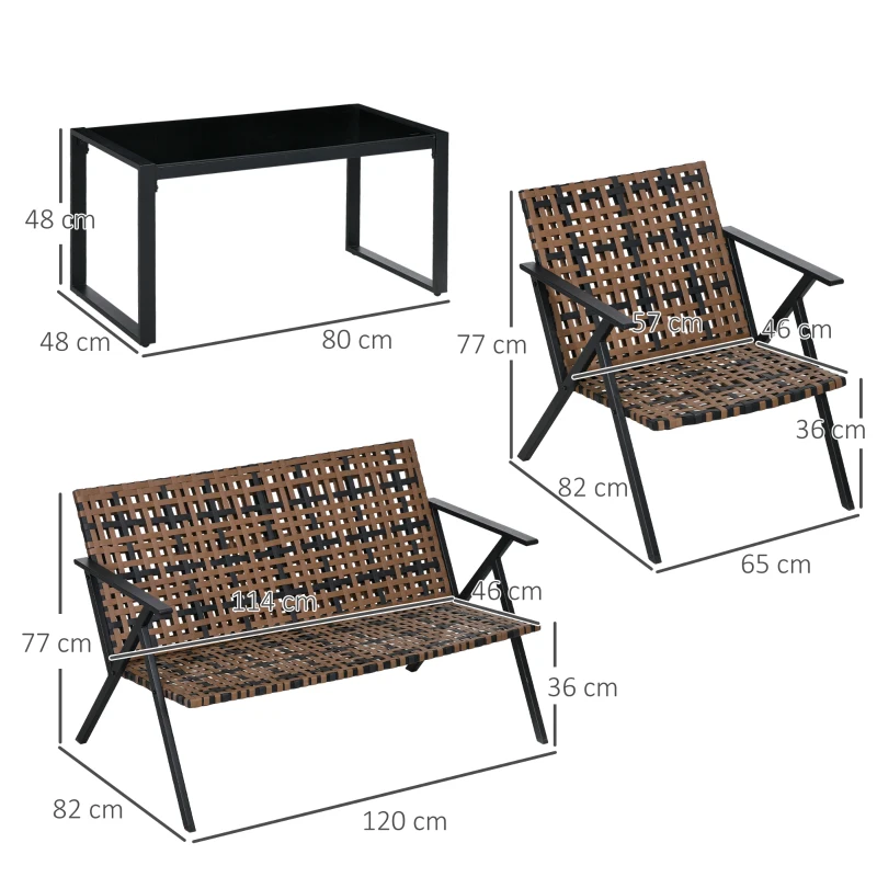 Outsunny Conjunto de Jardim de 4 Peças em Vime Sintético com 2 Poltronas 1 Sofá de 2 Lugares e 1 Mesa de Vidro Marrom e Preto