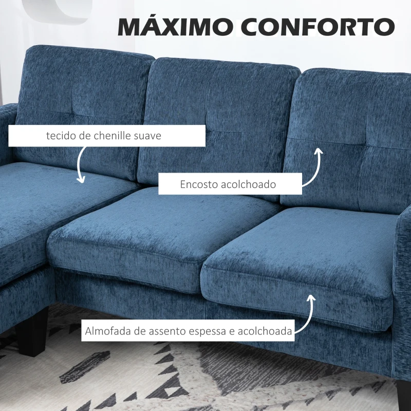 HOMCOM Sofá Chaise Longue Sofá em Forma de L Estofado em Poliéster Sofá de Canto Reversível 186x130x84 cm  Azul