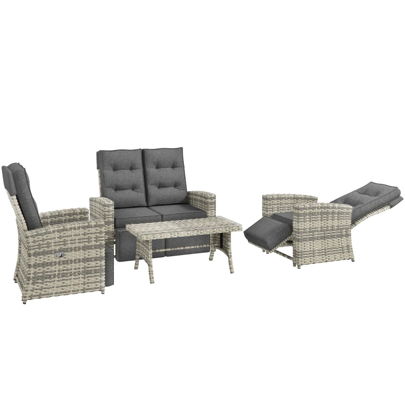 Outsunny 4 Piece Rattan Garden Furniture Set Outdoor Sofa Sectional Set with Glass Top Table for Yard, Poolside, Light Grey