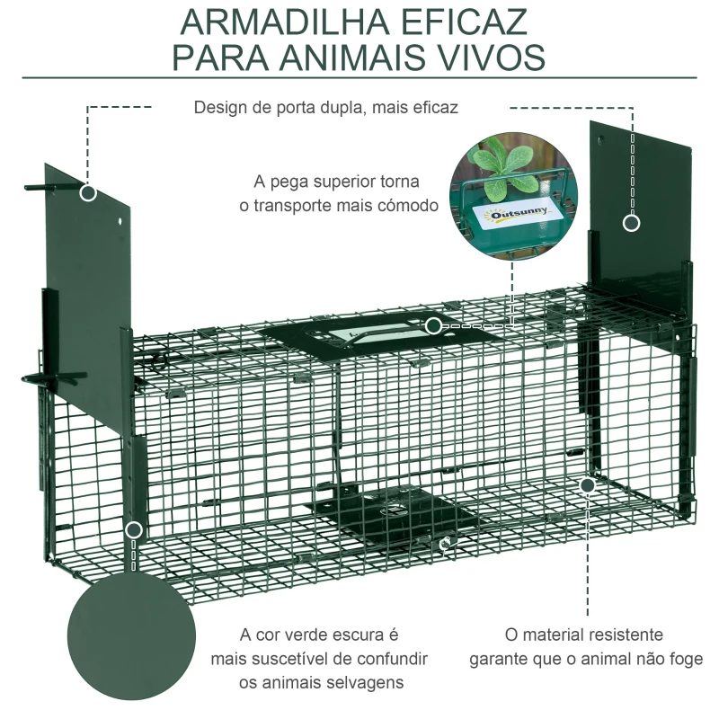 Outsunny Armadilha para Animais Vivos 60x18x20 cm com Porta Gaiola de Captura para Coelhos Raposas Pequenas Verde Escuro