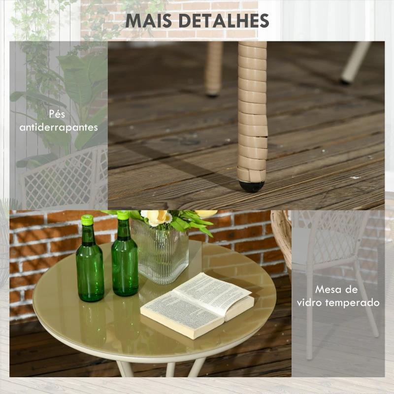 Outsunny Conjunto 3 Peças de Jardim em Vime com 2 Poltronas e 1 Mesa de Centro Redonda com Tampo de Vidro Temperado Natural e Caqui