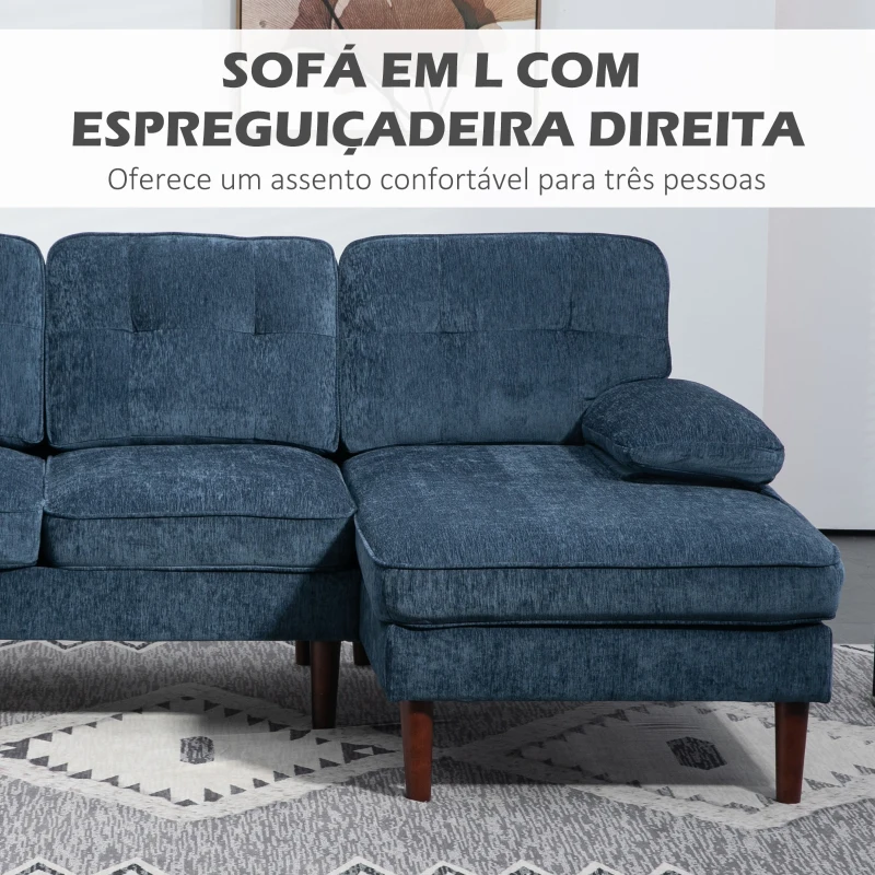 HOMCOM Sofá de Canto com Chaise Longue em Forma de L Estofado em Poliéster para Sala Capacidade 250 kg 215x142x88 cm Azul