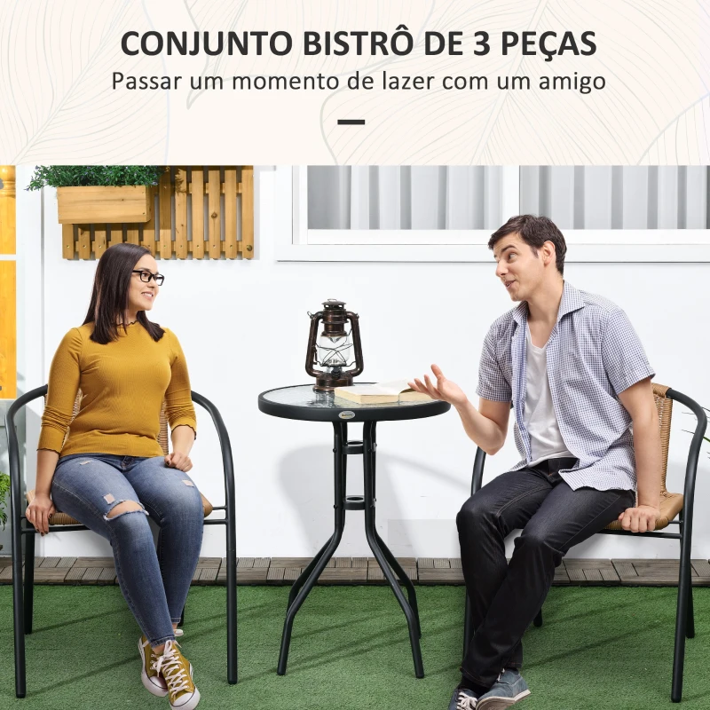 Outsunny Conjunto de 3 Peças de Vime para Jardim com 2 Cadeiras Empilháveis e 1 Mesa de Centro Redonda com Tampo de Vidro Marróm