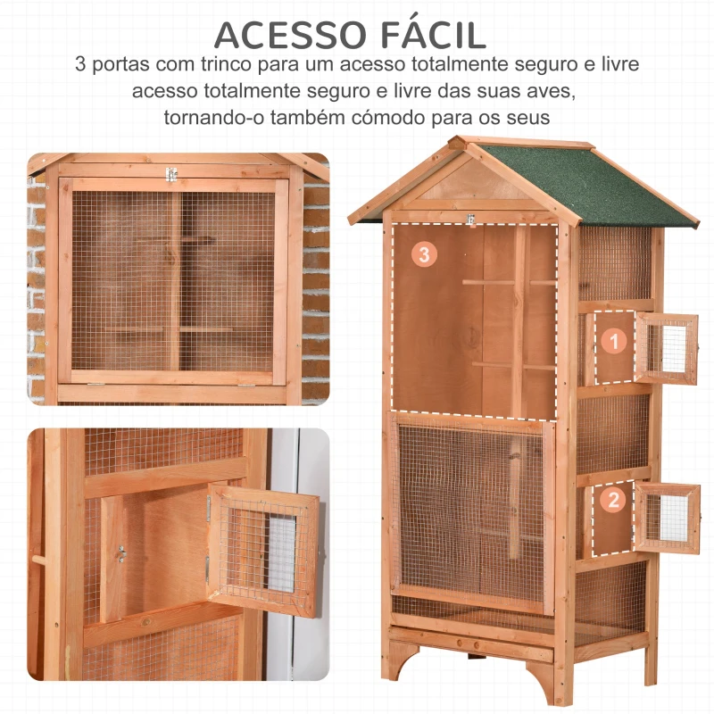PawHut Gaiola para Pássaros de Madeira com 3 Portas 4 Poleiros Bandeja Amovível e Teto Asfáltico 80,5x57x153 cm Natural