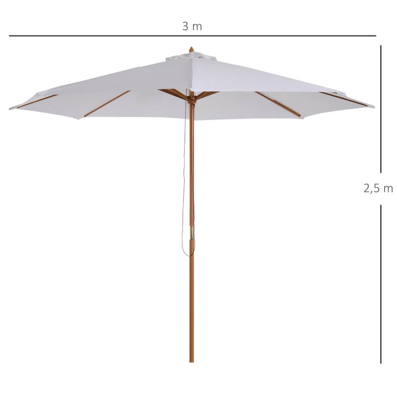 Outsunny 3(m) Garden Parasol, Pulley Operated Patio Umbrella, Wooden Table Market Umbrella with Rope Pulley Mechanism and 8 Ribs, White