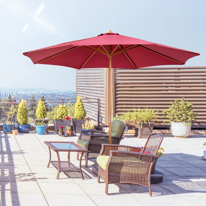 Outsunny 3(m) Garden Parasol, Pulley Operated Patio Umbrella, Wooden Table Market Umbrella with Rope Pulley Mechanism and 8 Ribs, Wine Red