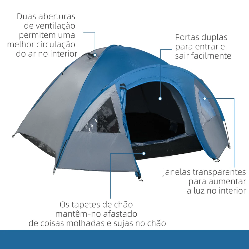 Outsunny Tenda de Campismo para 2-3 Pessoas Tenda de Campismo com Janelas 2 Bolsos e Bolsa de Transporte 300x250x130 cm Cinza e Azul