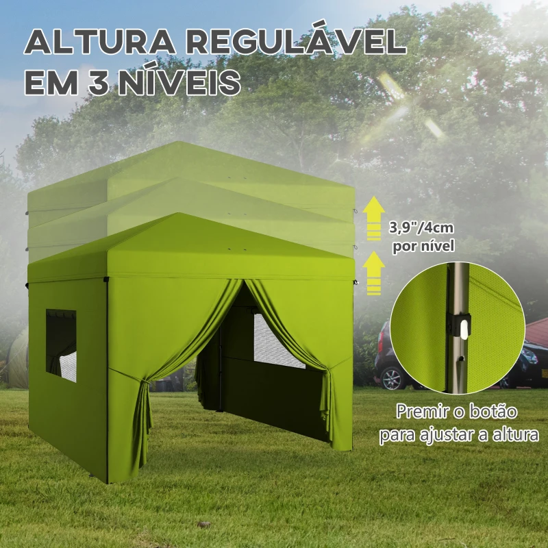 Outsunny Tenda Dobrável 3x3 m Tenda de Jardim com 4 Paredes Laterais 2 Janelas de Malha Altura Ajustável Impermeável e Anti-UV Verde