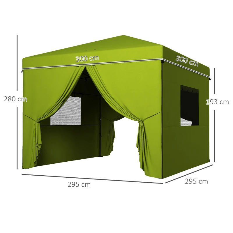 Outsunny Tenda Dobrável 3x3 m Tenda de Jardim com 4 Paredes Laterais 2 Janelas de Malha Altura Ajustável Impermeável e Anti-UV Verde