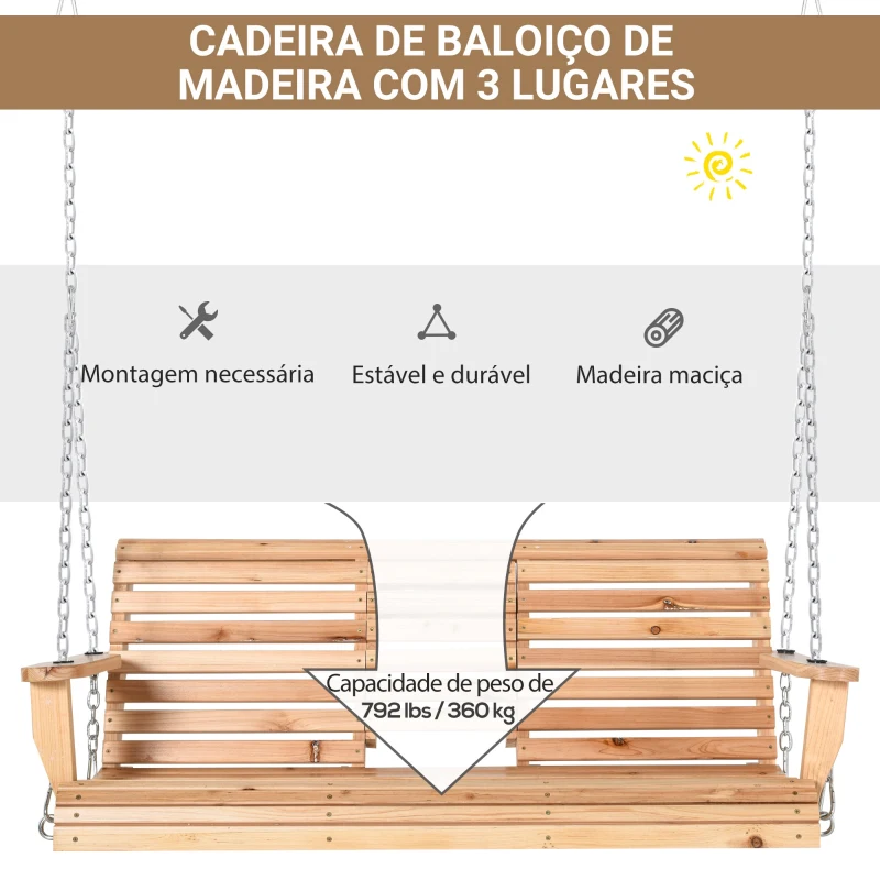 Outsunny Banco Baloiço de 2-3 Lugares de Madeira com Mesa de Centro Dobrável e 2 Porta-copos para Jardim 150x75x53 cm Natural