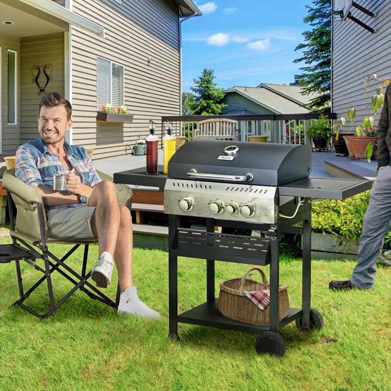 Outsunny Four-Burner Steel Gas Grill, with Thermometer - Black