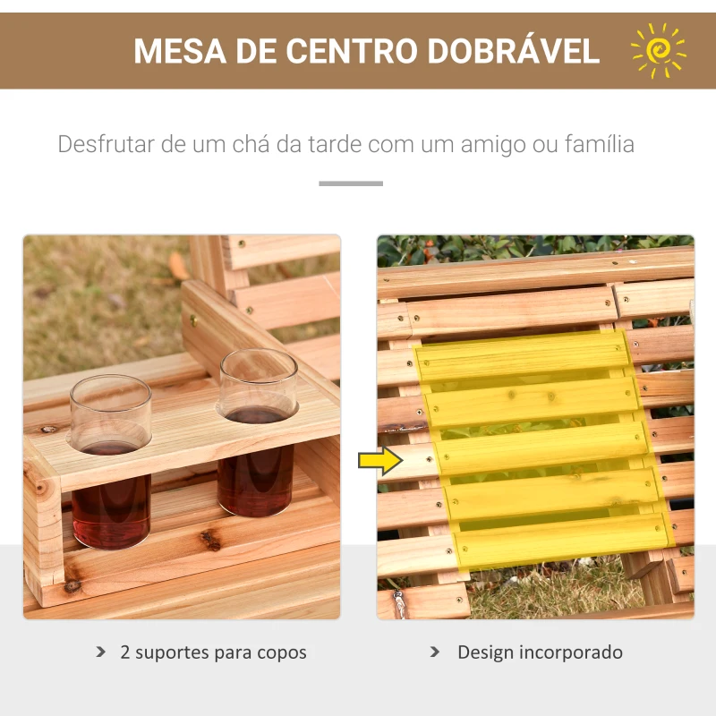 Outsunny Banco Baloiço de 2-3 Lugares de Madeira com Mesa de Centro Dobrável e 2 Porta-copos para Jardim 150x75x53 cm Natural