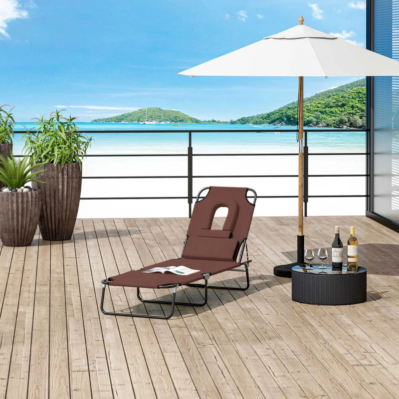 Outsunny Outdoor Foldable Sun Lounger, 4 Level Adjustable Backrest Reclining Sun Lounger Chair with Pillow and Reading Hole, Brown