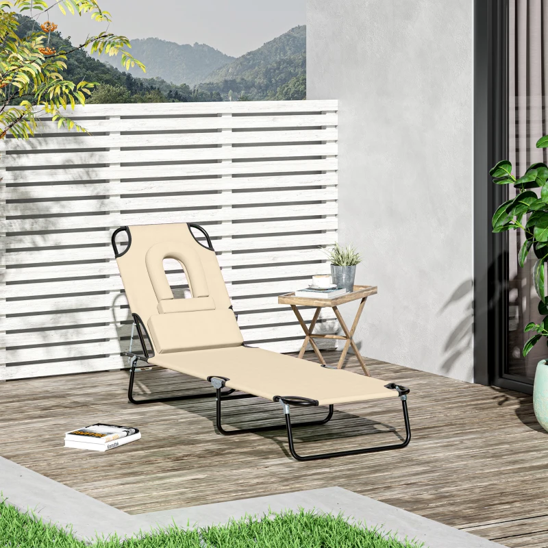 Outsunny Outdoor Foldable Sun Lounger, 4 Level Adjustable Backrest Reclining Sun Lounger Chair with Pillow and Reading Hole, Beige