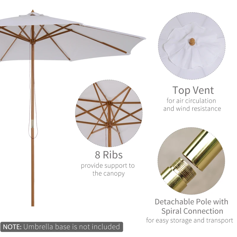 Outsunny 3(m) Garden Parasol, Pulley Operated Patio Umbrella, Wooden Table Market Umbrella with Rope Pulley Mechanism and 8 Ribs, White