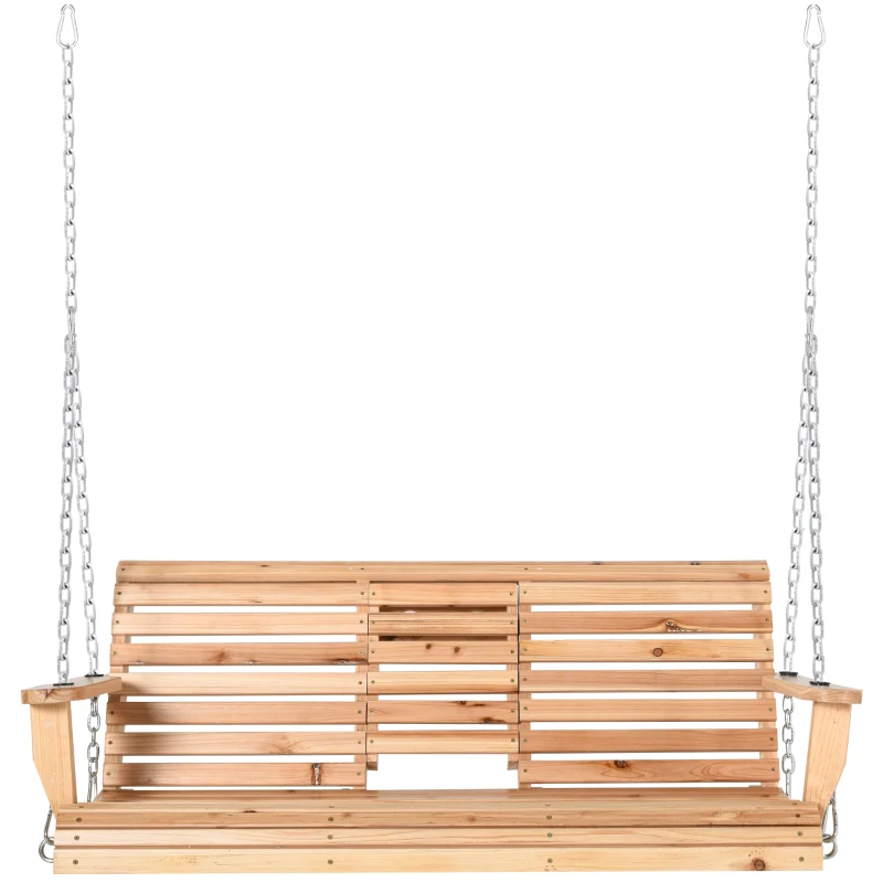 Outsunny Banco Baloiço de 2-3 Lugares de Madeira com Mesa de Centro Dobrável e 2 Porta-copos para Jardim 150x75x53 cm Natural