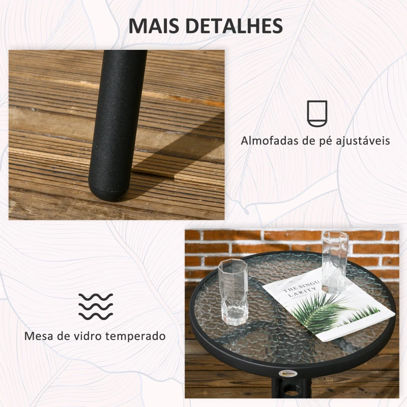 Outsunny Conjunto de 3 Peças de Vime para Jardim com 2 Cadeiras Empilháveis e 1 Mesa de Centro Redonda com Tampo de Vidro Marróm