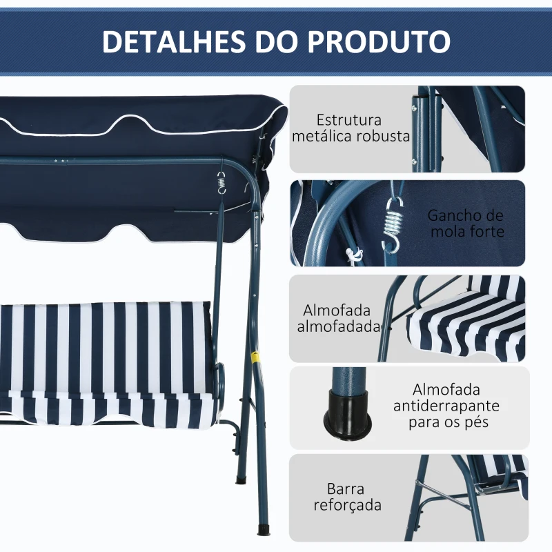Outsunny Baloiço de Jardim de 2-3 Lugares com Almofada Toldo Ajustável Terraço Patio Capacidade 240kg 170x110x153cm Azul e Branco