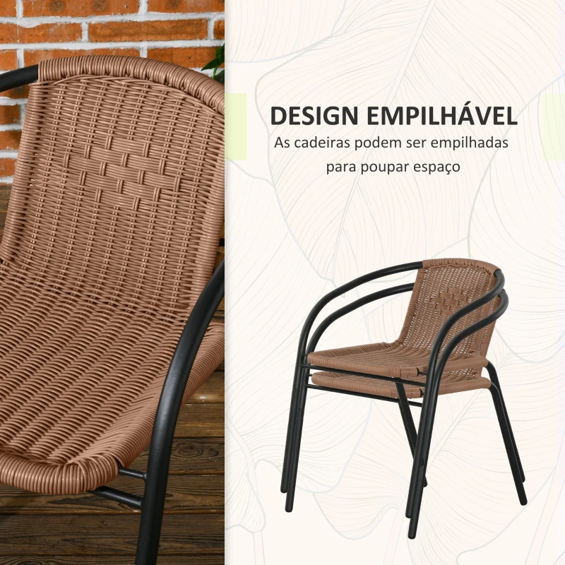 Outsunny Conjunto de 3 Peças de Vime para Jardim com 2 Cadeiras Empilháveis e 1 Mesa de Centro Redonda com Tampo de Vidro Marróm