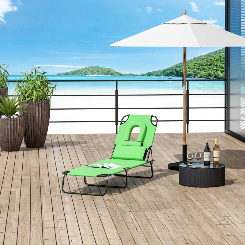 Outsunny Sun Lounger Foldable Reclining Chair with Pillow and Reading Hole Garden Beach Outdoor Recliner Adjustable Green