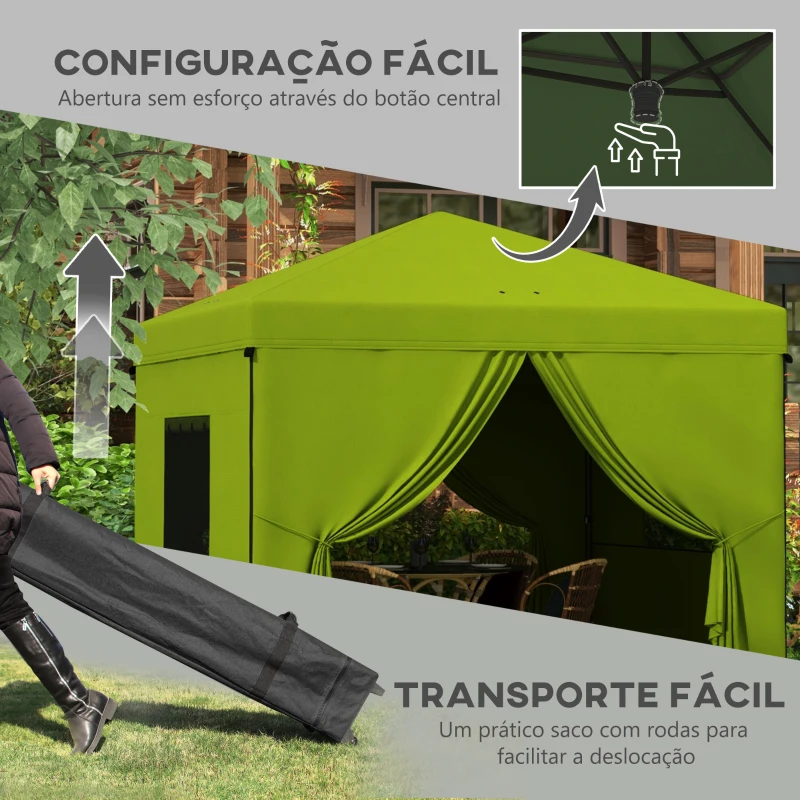Outsunny Tenda Dobrável 3x3 m Tenda de Jardim com 4 Paredes Laterais 2 Janelas de Malha Altura Ajustável Impermeável e Anti-UV Verde