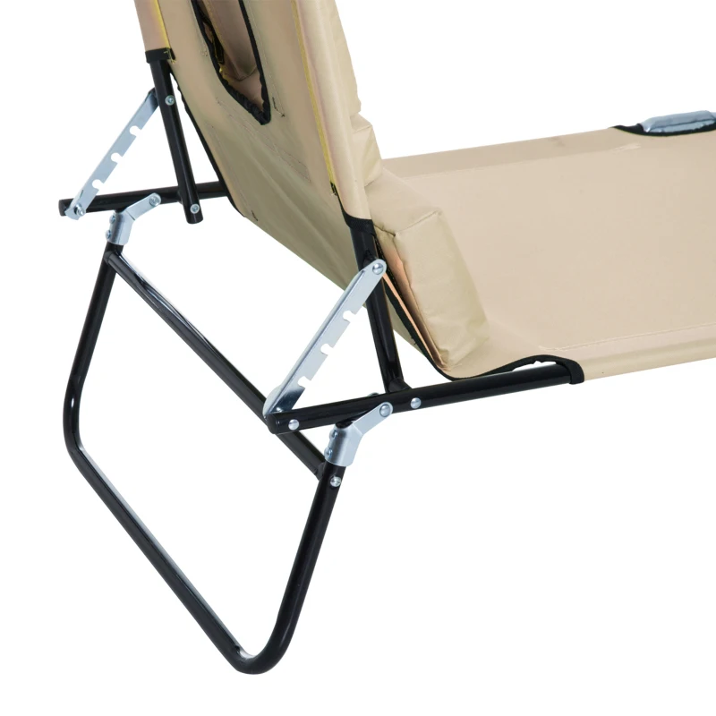 Outsunny Outdoor Foldable Sun Lounger, 4 Level Adjustable Backrest Reclining Sun Lounger Chair with Pillow and Reading Hole, Beige
