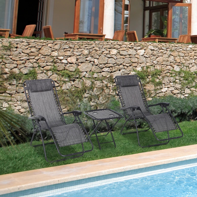 Outsunny 3pcs Folding Zero Gravity Chairs Sun Lounger Table Set w/ Cup Holders Reclining Garden Yard Pool, Light Grey