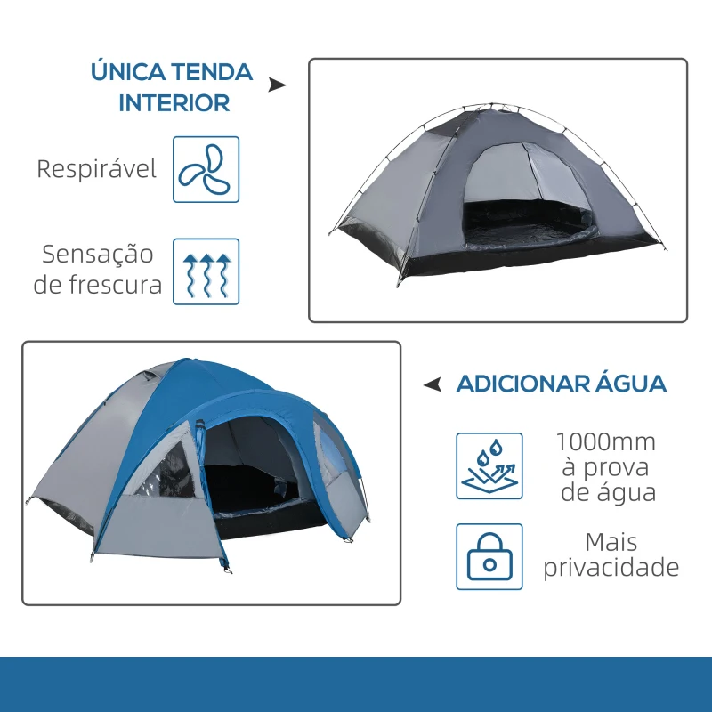 Outsunny Tenda de Campismo para 2-3 Pessoas Tenda de Campismo com Janelas 2 Bolsos e Bolsa de Transporte 300x250x130 cm Cinza e Azul