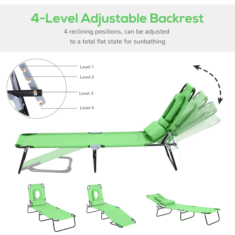 Outsunny Sun Lounger Foldable Reclining Chair with Pillow and Reading Hole Garden Beach Outdoor Recliner Adjustable Green