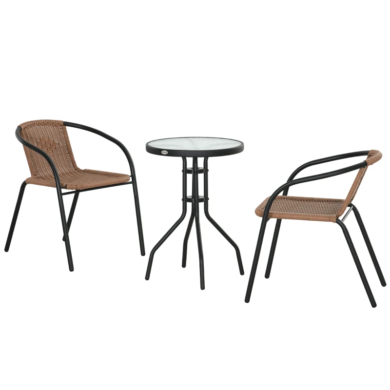 Outsunny Conjunto de 3 Peças de Vime para Jardim com 2 Cadeiras Empilháveis e 1 Mesa de Centro Redonda com Tampo de Vidro Marróm