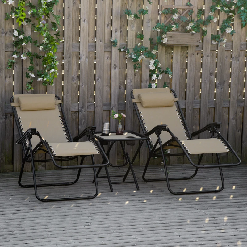 Outsunny 3pcs Folding Zero Gravity Chairs Sun Lounger Table Set w/ Cup Holders Reclining Garden Yard Pool, Beige