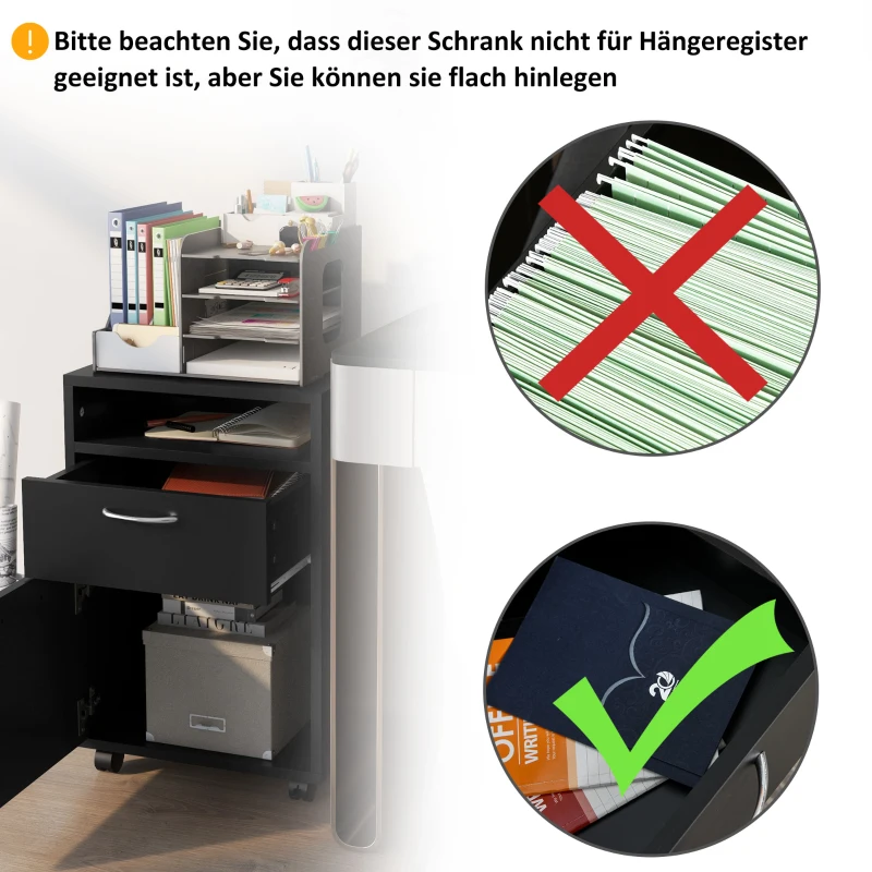 HOMCOM Rolcontainer met lade, 1 vak, 1 plank, 1 lade, 40 cm x 3 cm x 60 cm, Zwart