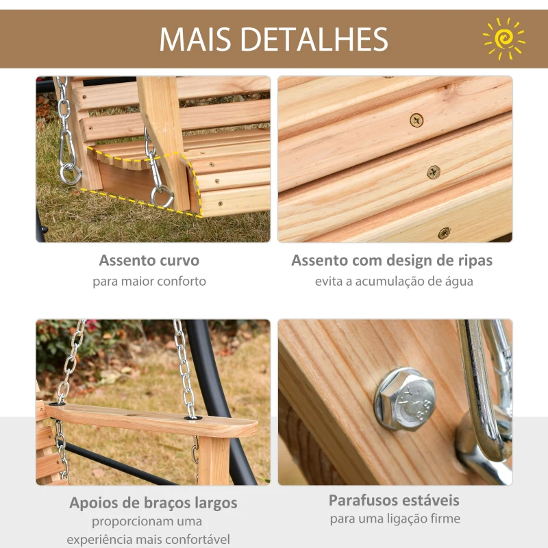 Outsunny Banco Baloiço de 2-3 Lugares de Madeira com Mesa de Centro Dobrável e 2 Porta-copos para Jardim 150x75x53 cm Natural