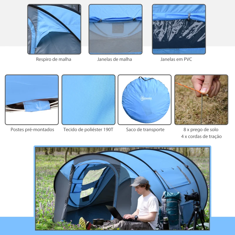 Outsunny Tenda de Campismo Pop-up para 2-3 Pessoas com Janelas Impermeável Anti-UV 263,5x220x123 cm Azul