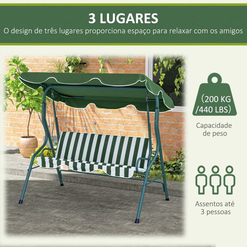 Outsunny Baloiço de Jardim de 2-3 Lugares com Almofada Toldo Ajustável Terraço Patio Capacidade 240kg 170x110x153cm Verde e Branco