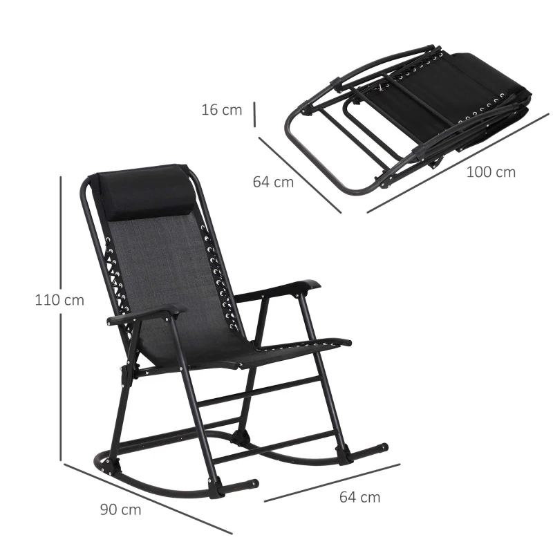 Outsunny Garden Rocking Chair Folding Outdoor Adjustable Rocker Zero-Gravity Seat with Headrest Camping Fishing Patio Deck, 90 x 64 x 110 cm - Black