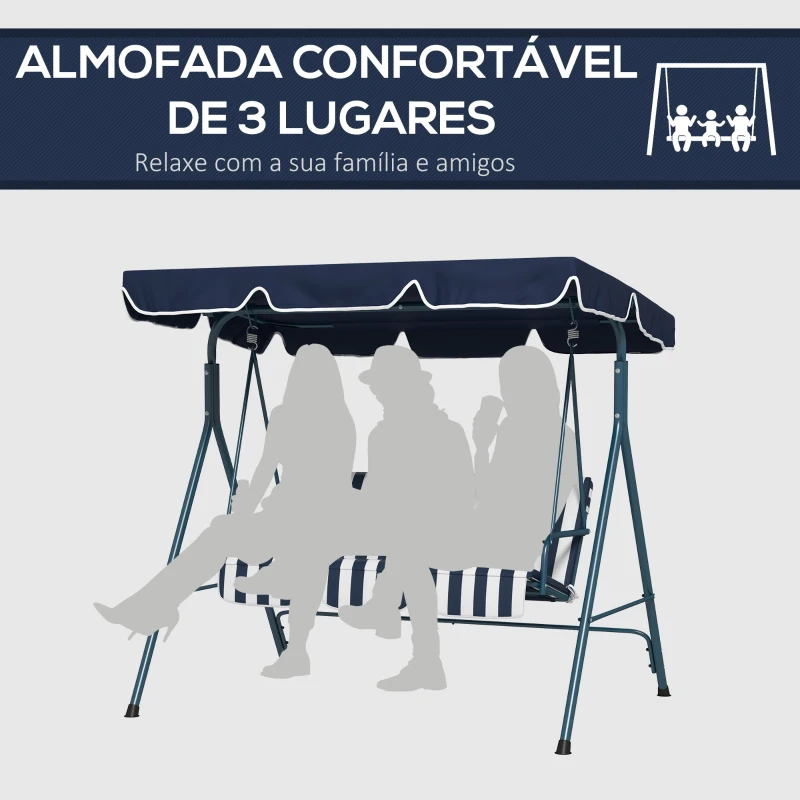 Outsunny Baloiço de Jardim de 3 Lugares com Almofada Toldo Ajustável e Estrutura de Metal 172x110x153cm Azul e Branco