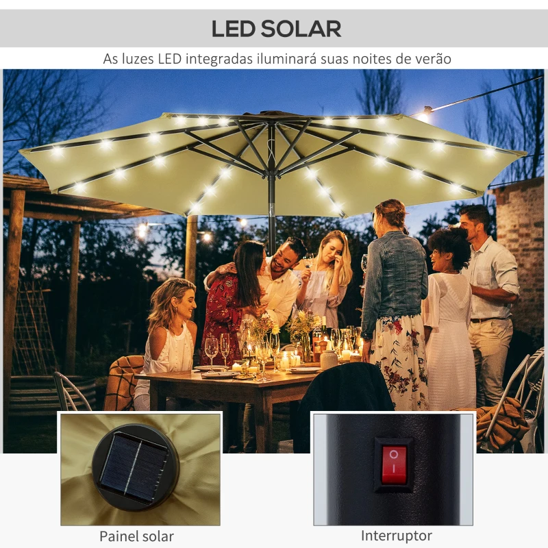 Outsunny Chapéu de Sol de Jardim Ø268x238cm com 24 Luzes LED Solar Mecanismo de Inclinação para Terraço Piscina Pátio Marrom