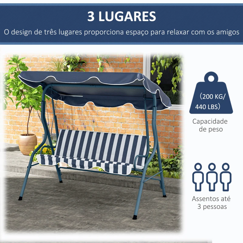 Outsunny Baloiço de Jardim de 2-3 Lugares com Almofada Toldo Ajustável Terraço Patio Capacidade 240kg 170x110x153cm Azul e Branco