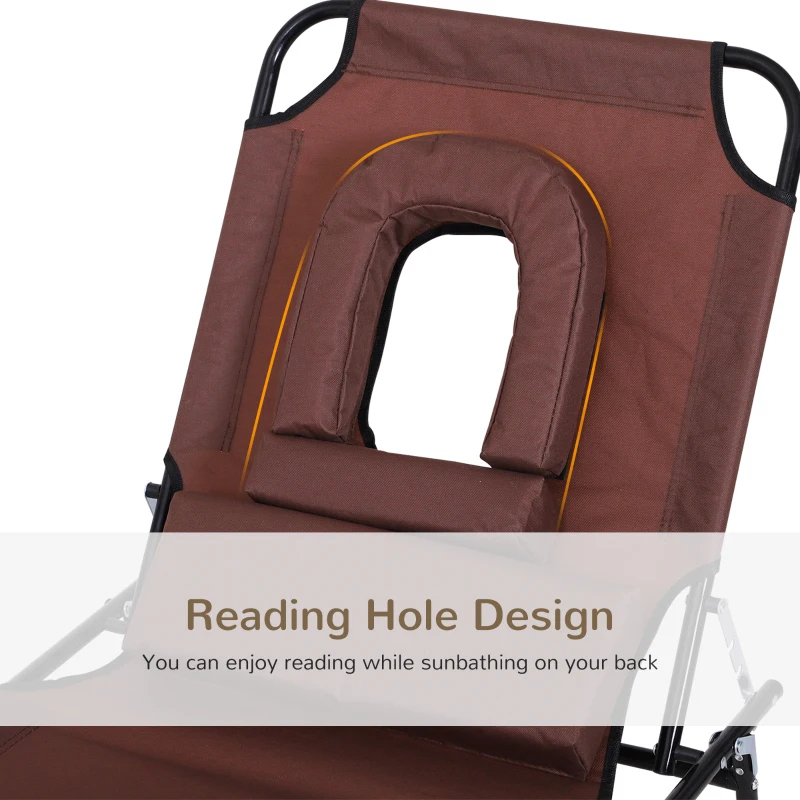 Outsunny Outdoor Foldable Sun Lounger, 4 Level Adjustable Backrest Reclining Sun Lounger Chair with Pillow and Reading Hole, Brown