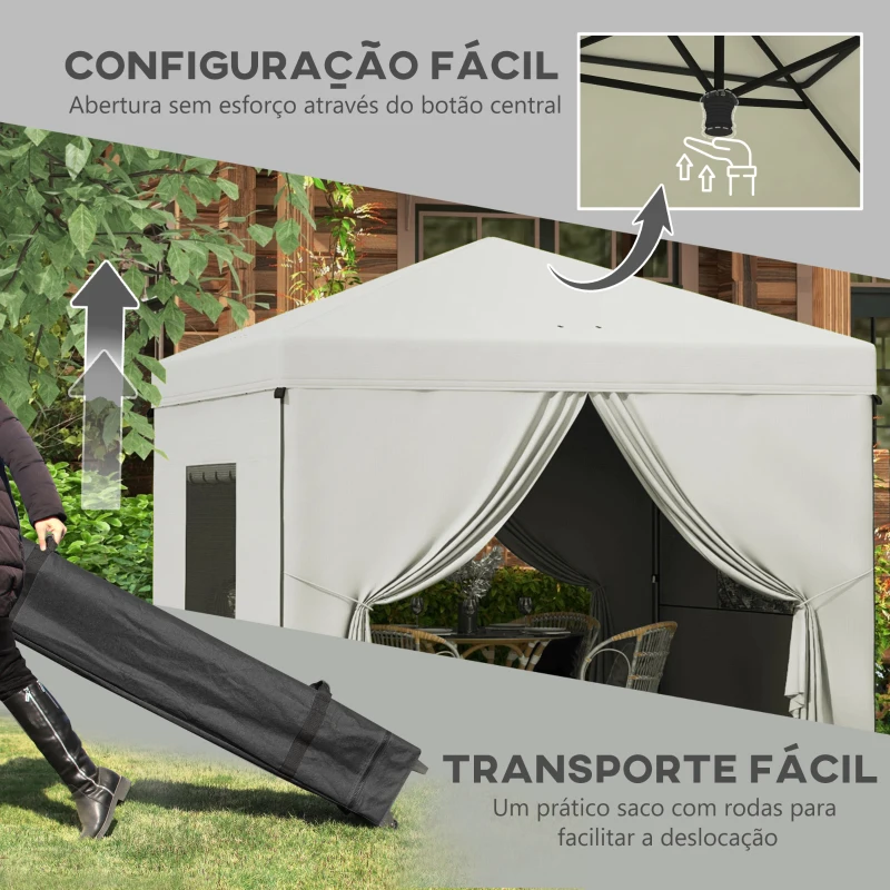 Outsunny Tenda Dobrável 3x3 m Tenda de Jardim com 4 Paredes Laterais 2 Janelas de Malha Altura Ajustável Impermeável e Anti-UV Branco