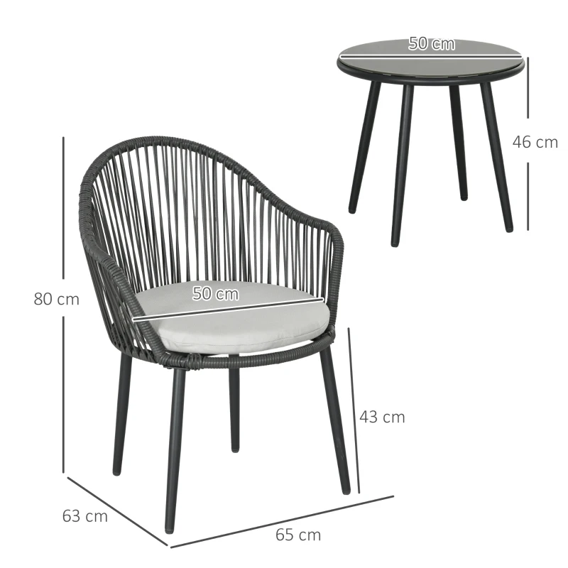 Outsunny Set Bistro de Terasă din 3 Piese, Set de Mobilier din Rachiță cu 2 Fotolii și Masă de Sticlă, 65x63x80 cm, Gri