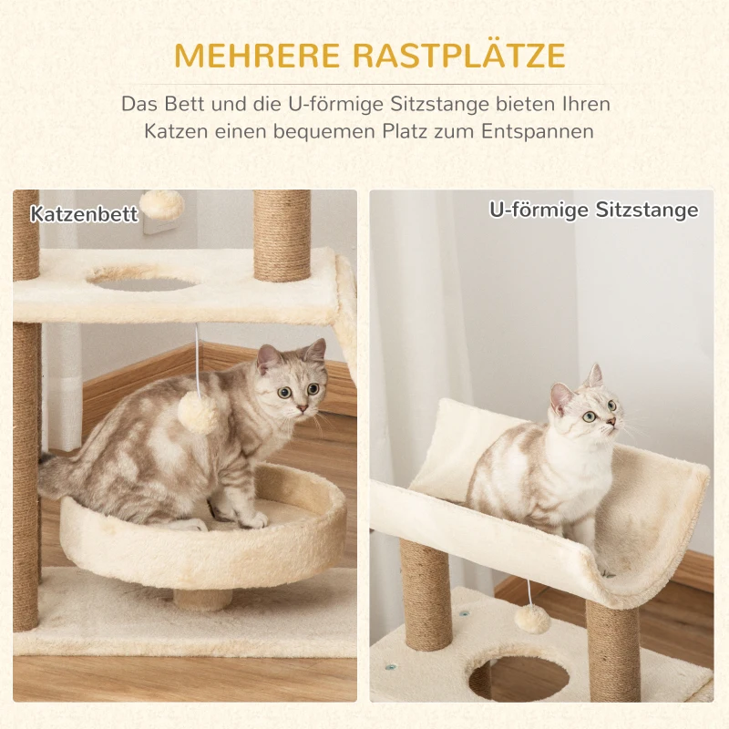 PawHut Krabpaal Kattenboom, inclusief speelgoed en kattenbed, 60 cm x 30 cm x 76 cm, Crème + Natuur
